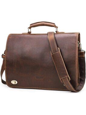 Men's Brown Large 15.4 Inch Briefcase Crazy Horse Vintage Leather Messenger Bag
